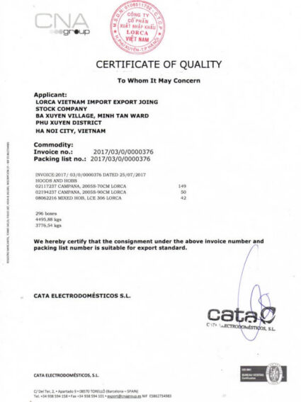 Danh hiệu và giải thưởng 8 Chứng nhận sản phẩm Lorca 1