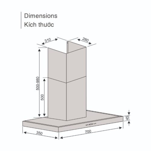 Kích thước máy hút mùi áp tường Lorca TA 6007TM-70
